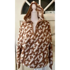 VS Pink Sherpa Oversized Pullover Hoodie V-neck in Brown White, Sz XS